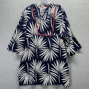 Boden Dress Womens Size US 18 Long Blue Tropical Leaf Evangeline Tunic Pom Pom